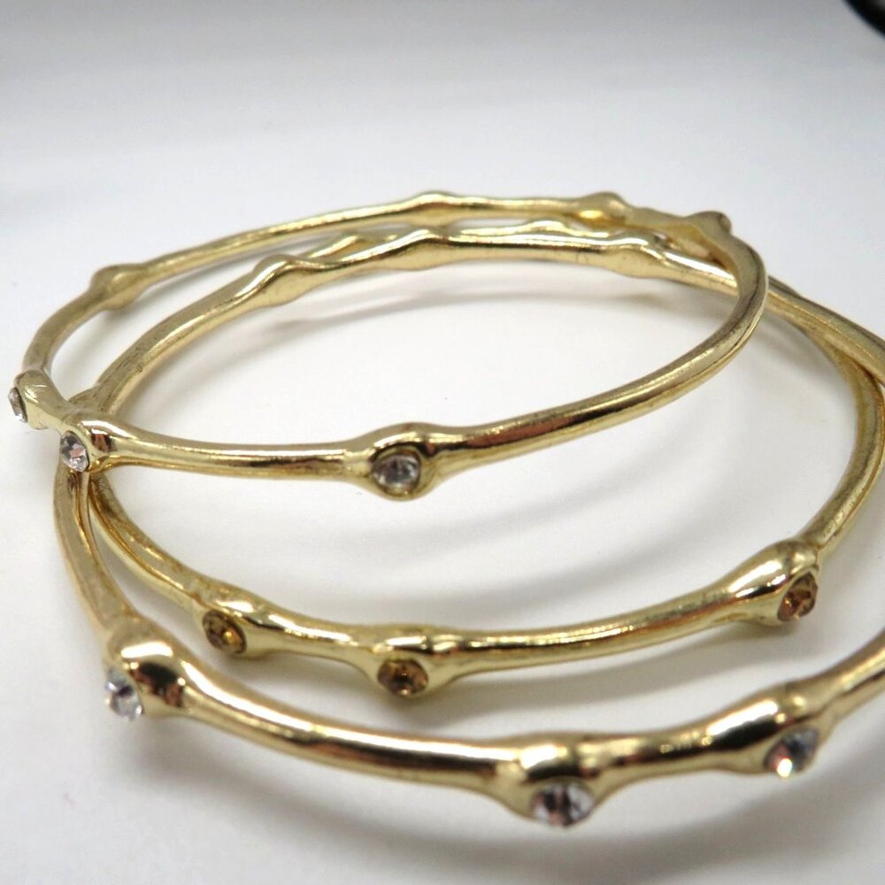 Set 3 Bracelets Bangle Stack‎ Gold Tone Clear Yellow Rhinestone Dainty Elegant